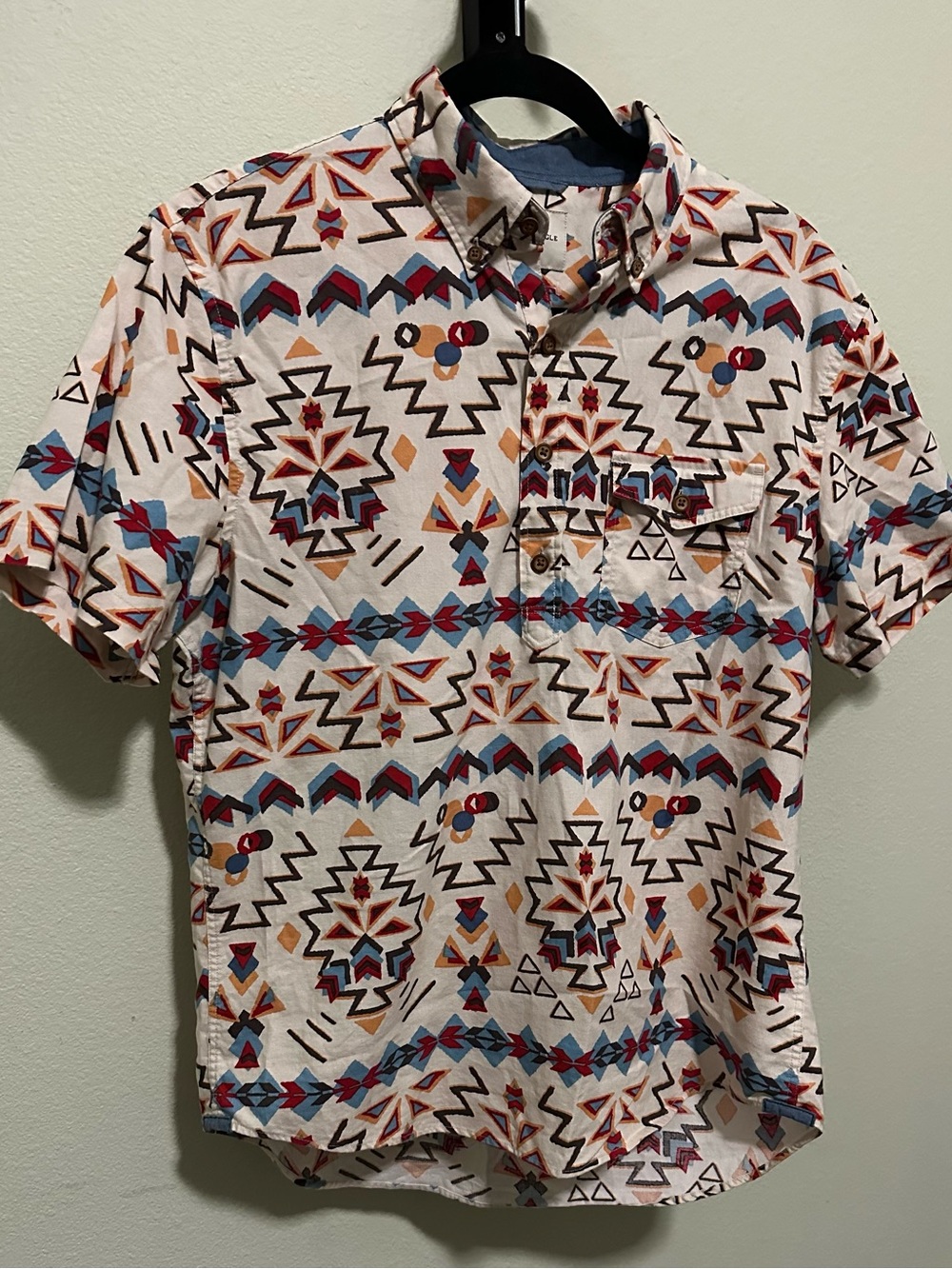 Men's Short-Sleeve Aztec Print Shirt - White with Multicolor Pattern
